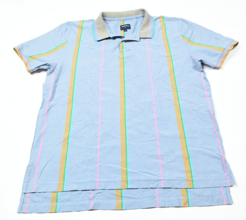 NOAH Season One Striped Cotton Polo Shirt Mens Large Blue Short Sleeve Regular